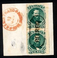 BRAZIL. 1876. 3rd Die, Type IV 100r Green In Vertical Pair On Large Piece Cancelled By Complete Strike Of Oval Framed 'R - Other & Unclassified