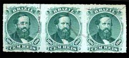 BRAZIL. 1876. 100r Green, 3rd Die, Type IV, A Fine Used Strip Of Three Cancelled By Framed 'CAMPO LIMPO' Handstamps In B - Altri & Non Classificati
