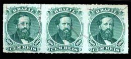 BRAZIL. 1876. 100r Green, 3rd Die, Type IV, A Fine Used Strip Of Three Cancelled By Framed 'CAMPO LIMPO' Handstamps In B - Andere & Zonder Classificatie