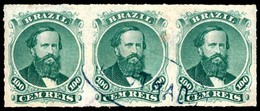 BRAZIL. 1876. 100r Green, 3rd Die, Type IV, A Fine Used Strip Of Three Cancelled Solely By Complete Strike Of Oval Blue  - Altri & Non Classificati