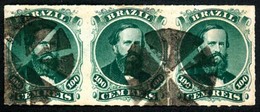 BRAZIL. 1876. 100r Green, 3rd Die, Type IV, A Fine Used Strip Of Three Cancelled By Black Cork Eight Sectioned Handstamp - Other & Unclassified