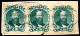 BRAZIL. 1876. 100r Green, 3rd Die, Type IV, A Fine Used Strip Of Three Cancelled On Piece With Complete Strikes Of Oval  - Other & Unclassified