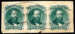 BRAZIL. 1876. 100r Green, 3rd Die, Type IV, A Fine Used Strip Of Three Cancelled On Piece With Complete Strikes Of Oval  - Altri & Non Classificati