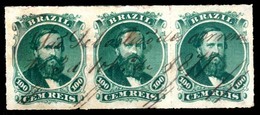 BRAZIL. 1876. 100r Green, 3rd Die, Type IV, A Delightful And Scarce Strip Of Three Cancelled In Manuscript In Violet Ink - Other & Unclassified