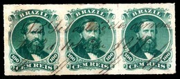 BRAZIL. 1876. 100r Green, 3rd Die, Type IV, A Delightful And Scarce Strip Of Three Cancelled In Manuscript In Violet Ink - Andere & Zonder Classificatie