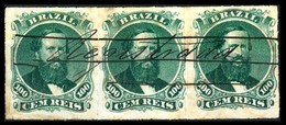 BRAZIL. 1876. 100r Green, 3rd Die, Type IV, A Very Fine Used Strip Of Three Cancelled In Manuscript 'Registrada' And Par - Sonstige & Ohne Zuordnung