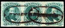 BRAZIL. 1876. 100r Green, 3rd Die, Type IV, A Fine Used Strip Of Three Cancelled By Scarce But Over-inked Strikes Of 'S. - Other & Unclassified