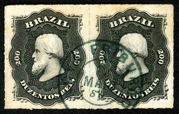 BRAZIL. 1876. 200r Black, A Fine Used Pair Cancelled By NOVA FRIBURGO Cds In BLUE Dated 14.MAIO.80. Scott 66. - Andere & Zonder Classificatie