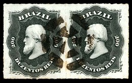 BRAZIL. 1876. 200r Black, A Fine Used Pair Cancelled By Complete Strikes Of Circular Cork Cancels In Brown, Apparently U - Other & Unclassified