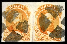 BRAZIL. 1876. 500r Orange, A Fine Used Pair Cancelled By Four Segmented Cork Cancel In Black, Ayres #0019. Scott 67. - Andere & Zonder Classificatie