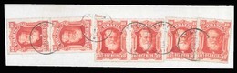 BRAZIL. 1877. 10r Vermilion, A Small Piece Bearing Two Singles, And Vertical And Horizontal Pairs Finely Cancelled By Fr - Other & Unclassified