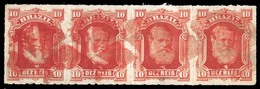 BRAZIL. 1877. 10r Vermilion, A Very Fine Used Strip Of Four Cancelled By Five Segmented Cork Cancellations In RED. Super - Other & Unclassified