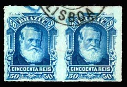 BRAZIL. 1879. 50r Blue On Tinted Blue Paper, Pair Cancelled By Large Part LISBOA Portuguese Arrival Cds In Black. Unusua - Other & Unclassified