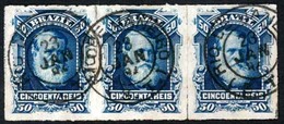 BRAZIL. 1879. 50r Blue In A Fine Used Strip Of Three Cancelled By Upright Rio De Janeiro Cds's Of 23.JAN.84 Struck In Bl - Autres & Non Classés