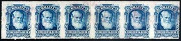 BRAZIL. 1879. 50r Blue In A Strip Of Six [re-joined Strips Of Three] Cancelled By Light Violet Cork Cancels. A Fine And  - Andere & Zonder Classificatie
