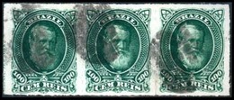 BRAZIL. 1878. 100r Green, A Used Strip Of Three Cancelled In Black. Scott 72. - Other & Unclassified