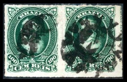 BRAZIL. 1878. 100r Green In A Fine Used Pair Cancelled By Fancy Framed 'M' Postmark In Black. Scarce Cancellation, Ayres - Other & Unclassified