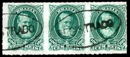 BRAZIL. 1878. 100r Green In A Fine Used Strip Of Three Cancelled By Two Strikes, One Complete, Of Very Fine Oval 'REGIST - Autres & Non Classés