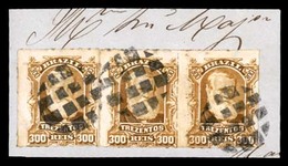 BRAZIL. 1879. 300r Bistre Brown, Strip Of Three On Piece, Cancelled By Neat Dotted Cork Handstamps In Black, Ayres #0261 - Sonstige & Ohne Zuordnung