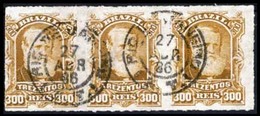 BRAZIL. 1879. 300r Bistre Brown, A Very Fine Used Strip Of Three Cancelled By Rio De Janeiro Cds's Dated 27.ABR.86 In Bl - Sonstige & Ohne Zuordnung