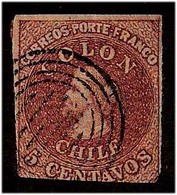 CHILE. 1854. 5c. 3c. Santiago Print Clear Print. 5c. Chocobrown. 3 Margins. Scarce Item. - Chile