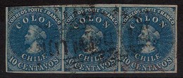 CHILE. 1854. 5c. (3). 10c. Horizontal Strip Of 3. Very Good Complete Margins. Lovely Multiple. - Chile