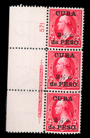 CUBA. 1899. 2 1/2 On 2c. Carmine "U.S.Ocupation", A Fine Unounted Mint Vertical Strip Of Three With Full IMPRINT, Plate  - Other & Unclassified