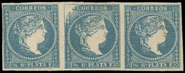 E-ANTILLAS. 1857. 7(*)(3). 1/2rl, Azul, Tira Horizontal De Tres, Grandes Margenes Con Variedad PLANCHA Esquina Desgastad - Altri & Non Classificati