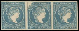 E-ANTILLAS. 1857. 7(*)(3). 1/2rl, Azul, Tira Horizontal De Tres, Grandes Margenes Con Variedad PLANCHA Esquina Desgastad - Other & Unclassified