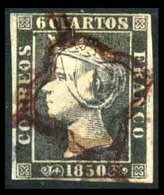 E-ISABEL II. 1Aº Pl II-34. Márgenes Ctos., Papel Medio. Mat. Araña Roja Con Efecto Negativo Por Estar Mojada Antes De Ap - Altri & Non Classificati