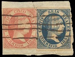 E-ISABEL II. 9º, 10º. 1851. 5rs Rosa Y 6 Rs Azul Oscuro Hoja Inferior / Fragmento. Mat Pluma. Con Defecto En Margen Supe - Sonstige & Ohne Zuordnung