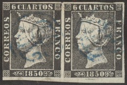 E-ISABEL II. Ed 1Aº (2). Pl I. Pareja Horizontal, Borde Hoja Inferior Con Anagrama De Burgos En Azul (xx / R). Muy Raro. - Autres & Non Classés