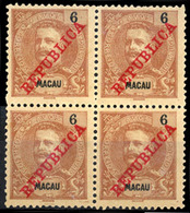 MACAU. 1911. D. Carlos I Ovpted. "Republica". 6avo Red Chestnut. BLOCK OF FOUR. V. Fine Mint. (Af. 155) V. Scarce. - Other & Unclassified