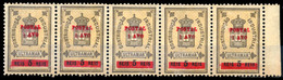 MACAU. 1911. Fiscal, Ovpted Local. "Postal/1Avo/-" In Red. (Af. 144). An Excellent HORIZONTAL STRIP OF FIVE With Margin  - Other & Unclassified