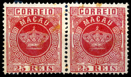 MACAU. 1884. Crown Issue 25rs Carmin Rose, Perf 12 1/2 HORIZONTAL PAIR, Mint, (couple Spots On Reverse). No Gum. Scarce. - Autres & Non Classés