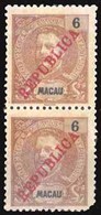 MACAU. 1913. D. Carlos I Ovpted. Local "REPUBLICA". 6a Red Chestnut VERTICAL PAIR Fine Mint (lower Stamp Perf On Corner  - Autres & Non Classés