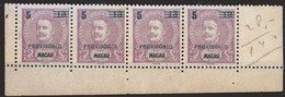 MACAU. 91*. D. Carlos I Mouchon With Tax Ovpt. 5a On 13a Lilas Vivo (rich Lilac), Small Provisorio. STRIP OF FOUR, Mint, - Other & Unclassified