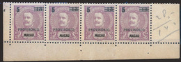 MACAU. 91*. D. Carlos I Mouchon With Tax Ovpt. 5a On 13a Lilas Vivo (rich Lilac), Small Provisorio. STRIP OF FOUR, Mint, - Sonstige & Ohne Zuordnung