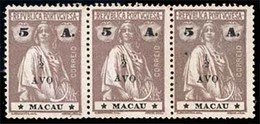 MACAU. 172*. 1919 ½ A S/5a Chestnut Horiz. Mint STRIP OF THREE, All Diff. Subtypes, The Right Stamp With Printers Waste  - Andere & Zonder Classificatie