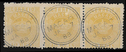 MACAU. 19º. 1885 Crown Issue 40rs Yellow On Cream Paper, Perf. 13½ . Horizontal Used STRIP OF THREE, Cancelled "JA7/88". - Autres & Non Classés