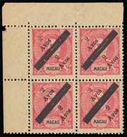 MACAU. 145*. 1911. D. Carlos I With Tax. 2as 4a/carmine. BLOCK OF FOUR, Upper Left Corner Of Sheet, With Margin Borders. - Other & Unclassified