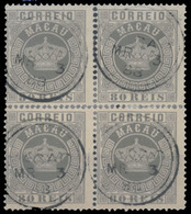 MACAU. 21º. 1885 Crown Issue. 80rs Grey Perf 13½  Used BLOCK OF FOUR (Two Horiz. Pairs Have Been Reinforced In Between), - Altri & Non Classificati