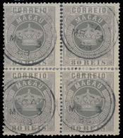 MACAU. 21º. 1885 Crown Issue. 80rs Grey Perf 13½  Used BLOCK OF FOUR (Two Horiz. Pairs Have Been Reinforced In Between), - Sonstige & Ohne Zuordnung