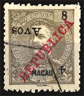 MACAU. 1913. 4a On 8a Grey Brown Optd "Republica" In Red, A Fine Used Example With Variety "4 Avos" Inverted. Scarce Sta - Other & Unclassified