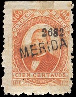 MEXICO. Sc. 145*. 1882. 100c Orange Thin Paper, 26-82. Merida Mint No Gum. Cat. 2004 95$++ District. Scarce. - Mexico