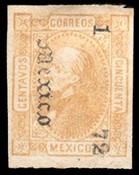 MEXICO. 1872. Sc 96 (*). 50c Orange. Engraved Trial Color Proof In Color Issue, No Moire, No Gum, Imperf, Ovptd Gothic " - Mexique