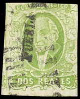 MEXICO. Sc. 3, Used. 1856. 2 Reales Yellow/green. Puebla District + Cancel, Showing Complete STICH WATERMARK Clearly At  - Mexico