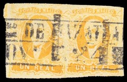 MEXICO. Sc. 2 X 2. Used. 1856 1 Real Yellow Horizontal Pair, Medium Setting, Complete Margins, On GRANULATED PAPER  (as  - Mexiko