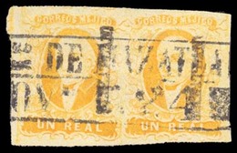 MEXICO. Sc. 2 X 2. Used. 1856 1 Real Yellow Horizontal Pair, Medium Setting, Complete Margins, On GRANULATED PAPER  (as  - Mexique