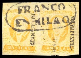 MEXICO. Sc. 2º X 2. 1856 1 Rl Yellow, Wide Setting, Horizontal Pair. Complete Good Margins. Guanajuato District, Cancell - Mexique